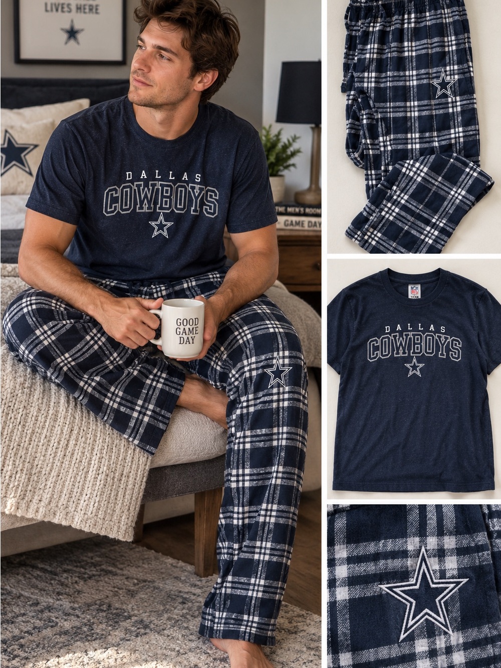 Dallas Cowboys Men’s XXL 2-Piece Pajama Set T-Shirt Plaid Pants NFL